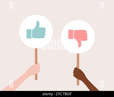 Zwei Hände, die weiße kreisförmige Poster hochhalten, mit „gefällt mir“- und „nicht gefällt mir“-Schildern, flache Vektorillustration Stock Vektor
