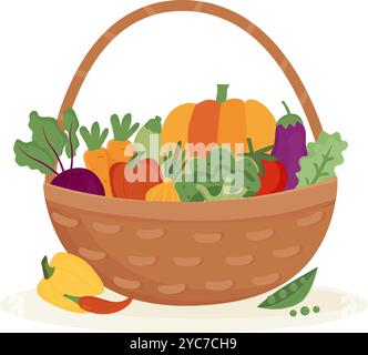 Korb mit Gemüse. Erntezeit. Frisches und biologisches Gemüse im Korb. Gesunde Ernährung. Vegetarische Speisen. Stock Vektor