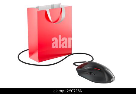 Einkaufstasche mit Computermaus. Online-Shopping, Konzept. 3D-Rendering isoliert auf weißem Hintergrund Stockfoto