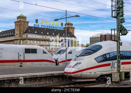 Essener Hauptbahnhof, ICE-Züge auf den Gleisen, im Hintergrund der Handelshof, Innenstadt von Essen, NRW, Deutschland, Stockfoto