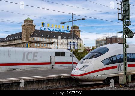 Essener Hauptbahnhof, ICE-Züge auf den Gleisen, im Hintergrund der Handelshof, Innenstadt von Essen, NRW, Deutschland, Stockfoto