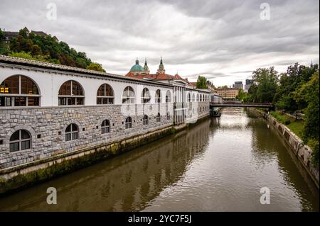 Ljubljana-Markt Arcade am Fluss Ljubljanica Stockfoto