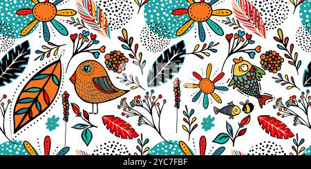 Nahtloses grafisches Muster mit Vögeln, Blättern, Blumen und Fischen. Handzeichnung. Nicht AI, Vektorillustration. Stock Vektor
