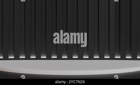 Minimalistischer Rundtisch mit schwarzem Hintergrund, ideal für Produktpräsentationen oder anspruchsvolle Veranstaltungen. Elegantes und modernes Design. Stockfoto