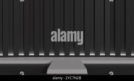 Minimalistische Bühne mit weißem Laufsteg und schwarzem Hintergrund, ideal für Mode- und Produktpräsentationen. Elegantes und modernes Design. Stockfoto