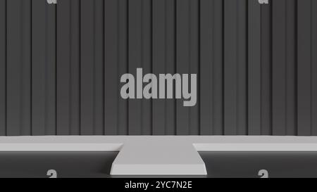 Einfache Bühne mit weißem Laufsteg und schwarzem Hintergrund, ideal für Mode- und Produktpräsentationen. Elegantes und modernes Design. Stockfoto