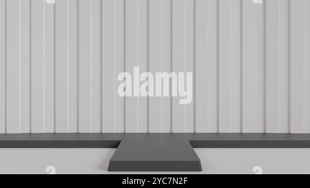 Minimalistische Bühne mit schwarzem Laufsteg und weißem Hintergrund, ideal für Mode- und Produktpräsentationen. Elegantes und modernes Design. Stockfoto