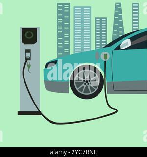 Poster der EV-Plug-in-Station. Hintergrund zum Aufladen von Elektrofahrzeugen. Dockingstation für elektronische Fahrzeuge. Ökologisch sauberer Verkehr, Umweltschutz. Stock Vektor