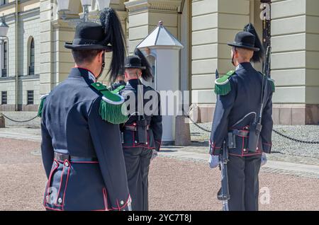 OSLO, NORWEGEN - 12. JULI 2014: Wachaufhängung (Wachwechsel) durch seine Majestät die Königsgarde vor dem Königspalast in Oslo, Norw Stockfoto