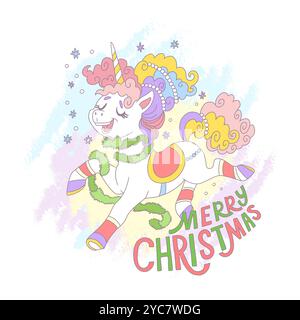 Niedliches Jolly Jumping Einhorn. Vektor-Illustration eines mythischen Tieres im Cartoon-Stil. Frohe Weihnachtsschrift. Winterkonzept. Für Druck, Karten, Zoll Stock Vektor