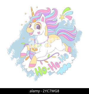 Niedliches Einhorn mit Girlande. Vektor-Illustration eines mythischen Tieres im Cartoon-Stil. Ho-Ho-Ho-Schriftzug. Weihnachtskonzept. Für Druck, Karten, Invit Stock Vektor