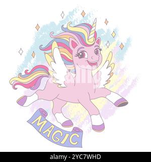 Niedliches rosafarbenes Einhorn mit Flügeln. Vektor-Illustration eines mythischen Tieres im Cartoon-Stil. Magische Schrift. Für Druck, Karten, Einladung, Sublimat Stock Vektor