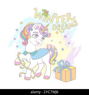 Niedliches Einhorn mit einem Geschenk. Vektor-Illustration eines mythischen Tieres im Cartoon-Stil. Winterträume. Weihnachtskonzept. Für Druck, Karten, Inv Stock Vektor