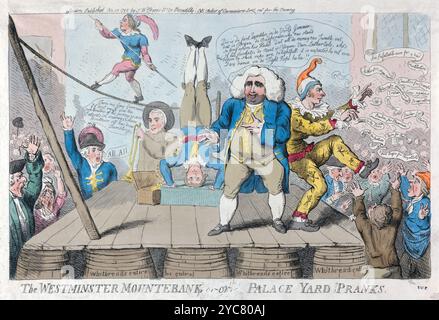 Ein lustiger humorvoller Cartoondruck farbiger Gravur der Westminster Bergbank oder Palace Yard Streiche, Aquarellätzung auf Papier menschliche Karikaturen 18. Jahrhundert, georgianische Ära von Isaac Cruikshank antiker Vintage-Kunstwerk Circus Performer satirischer Druck Stockfoto