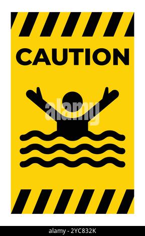Ein Warnschild mit Vorsicht, das eine Person im Wasser zeigt, die Hilfe anfordert. Das leuchtende gelbe und schwarze Design unterstreicht das Bedürfnis nach Ertrinkungsgefahr Stock Vektor