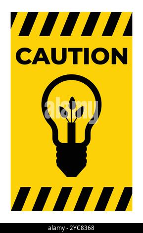 Dieses Warnschild ist mit einer Glühlampe mit Pflanzenelementen versehen, die umweltfreundliche Innovation und Bewusstsein symbolisiert. Perfekt für Sicherheit und Umwelt Stock Vektor