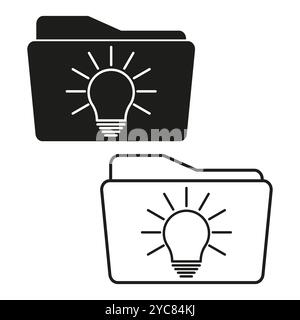 Zwei Ordnersymbole mit einer Glühbirne im Inneren, die Ideen oder Konzepte darstellen, in Schwarz-weiß dargestellt. Stock Vektor