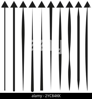 Vertikale Pfeilsymbole. Abstrakte dünne und dicke Pfeile. Schwarze unregelmäßige Pfeile. Geometrische vertikale Formen. Stock Vektor