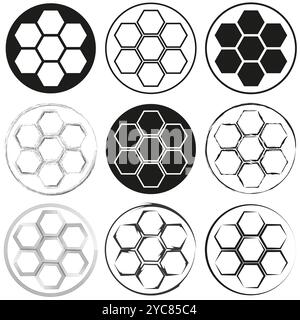 Wabensymbole festgelegt. Geometrische Sechskantkonstruktionen. Neun Schwarz-weiß-Styles. Vektorsymbol. Stock Vektor