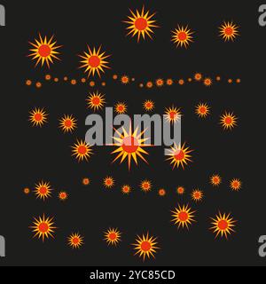 Sun Icons Kollektion. Strahlende Sternformen. Gelber und roter Vektor. Helles und abstraktes Design. Stock Vektor