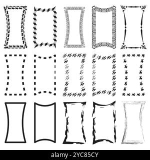 Dekorative Rahmensymbole. Handgezeichnete Borten. Ornamentale Vektorrahmen. Schwarzweiß-Skizzenränder. Stock Vektor