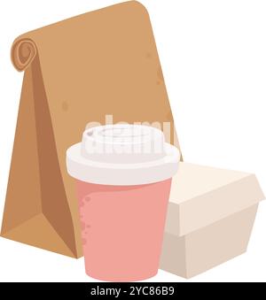 Fast Food Einwegbehälter. Zum Mitnehmen Lebensmittellieferbehälter, Kartonkasten, Papiertüte und Plastikbecher für Getränke flache Vektor-Illustration Icon Stock Vektor