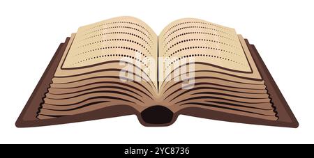 Altes beigefarbenes offenes Buch mit abstraktem Text, dunkler Akademieliteratur, dickes Vintage-Tagebuch, Vektorfarbillustration isoliert auf weiß Stock Vektor