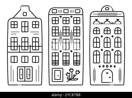 Typisch holländische Architektur, drei Grachtenhäuser im Amsterdamer Stil. Satz von schwarzen Linien in den Niederlanden, Vektor-Illustration Stock Vektor