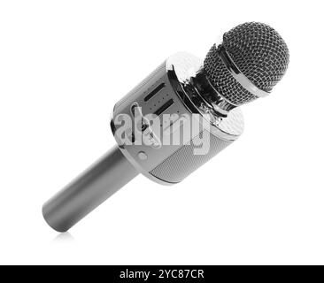 Ein silbernes Karaoke-Mikrofon isoliert auf weiß Stockfoto