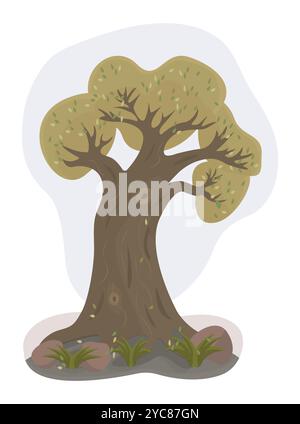 Einzelner großer alter Baum mit Laub, Vektorfarbe Illustration Stock Vektor