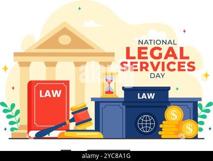 National Legal Services Day Vector Illustration mit Skalen und Gesetzbüchern für Gerechtigkeit und gleiche Rechte für alle in der Gesellschaft in einem Hintergrund Stock Vektor