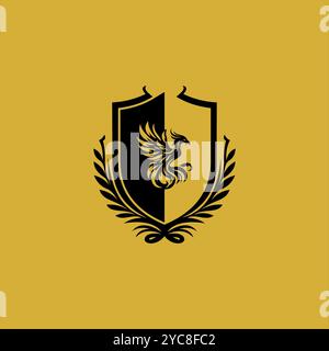 Das auffällige Wappen zeigt einen phoenix, der aus Flammen aufsteigt, wunderschön eingerahmt von einer komplexen Vorlage mit Goldhintergrund Stockfoto