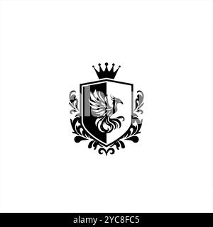 Dieses auffällige Wappen zeigt einen phönix, der aus Flammen aufsteigt, wunderschön eingerahmt von komplizierten Blumenmustern und einer Krone darüber Stockfoto
