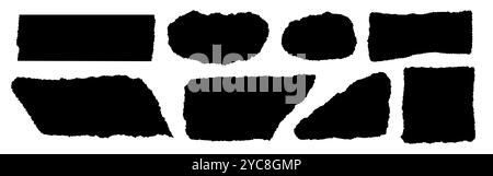 Schwarze zerrissene Papierstücke, Notizheftseiten mit gerissenen Kanten, Notizheftstücke zum Scrapbooking. Stock Vektor