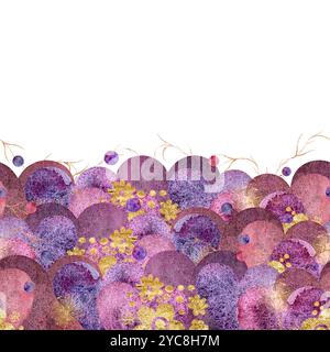 Ein lebendiges abstraktes Blumendesign mit violetten Tönen und goldenen Akzenten, perfekt für verschiedene Medienprojekte. Nahtloser Rand in Aquarellfarben für den Druck auf Stoff und Papier. Stockfoto