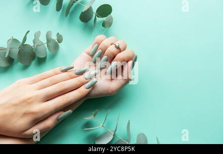 Hell polierte lange grüne Nägel sind elegant auf einem mintfarbenen Hintergrund angeordnet, die durch verstreute Eukalyptusblätter für einen frischen, natürlichen Look betont werden. Stockfoto