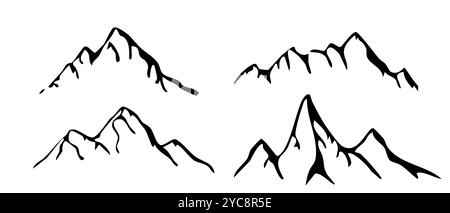 Bergrücken, schneebedeckte Gipfel, umgeben von wilder Natur. Handgezeichnetes Querformat, Kartenlinienkontur. Felsengebirge Landschaftsdesign, Ikone. Vektorabbildung Stock Vektor