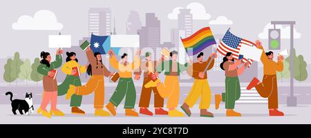 Verschiedene Gruppen von Menschen marschieren friedlich auf der Straße der Stadt. Karton flache Vektor-Illustration von Männern und Frauen, die Fahnen, leere Schilder und Bücher oder Notizblöcke halten. Einheit und Aktivismus. Stock Vektor