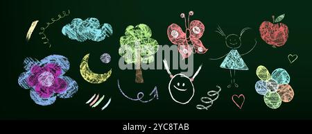 Kinder kritzeln mit Kreide- und Buntstift-Textur. Bunte handgezeichnete Kinder niedliche Elemente - Wolke und Blume, Schmetterling und Kind Mädchen, Apfel und Baum. Vektorset kindlicher Kreativität und Kunst. Stock Vektor