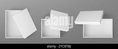 3D-Modell von offenen weißen Feldern Draufsicht. Quadratische und rechteckige Kartonverpackungen mit Deckeln und leeren Innenräumen für Präsentationen, Behälterdesigns oder Produktpräsentationen. Realistisches Vektorset. Stock Vektor