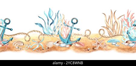 Nahtlose Umrandung von Ankern mit Seil und Algen. Starfihes und Muscheln auf Sand. Handgezeichnete Aquarellillustration. Das Thema nautische Kinder Stockfoto