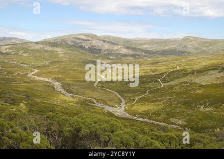 Ein Wanderweg überquert die Bäche unterhalb des Charlotte Pass der Snowy Mountains in New South Wales, Australien, Ozeanien Stockfoto