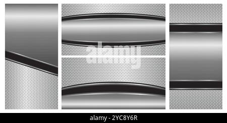 Satz von silbergrauen Metallhintergründen, 3D poliertes Chrom Metallic und glänzende Diamantplatte Textur, Vektor Illustration Stock Vektor