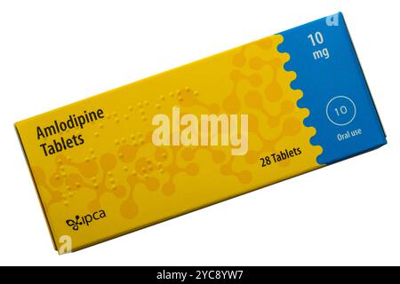Packung mit Amlodipin-Tabletten Packung mit 28 Tabletten 10 mg isoliert auf weißem Hintergrund Stockfoto