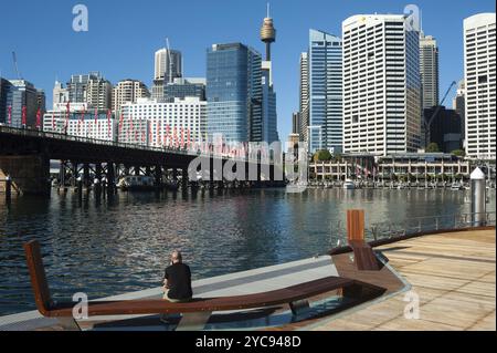 07.05.2018, Sydney, New South Wales, Australien, Blick vom Darling Harbour auf die Skyline von Sydneys Geschäftsviertel mit dem Sydney Tower, Oceani Stockfoto