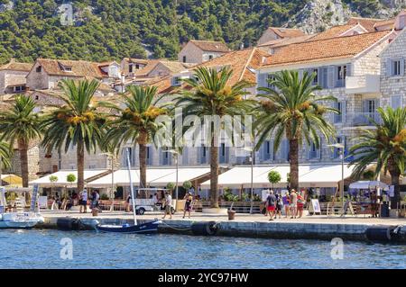 Touristen schlendern entlang des Hafens von Riva, Hvar, Kroatien, Europa Stockfoto