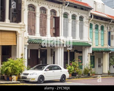 Viele Häuser der Emerald Hill Rd sind schöne Beispiele chinesischer Barockarchitektur, Singapur, Asien Stockfoto