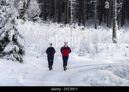 Runner auf eine Forststraße im Winter Stockfoto