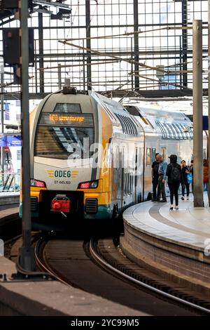 Eisenbahnverkehr am Bahnhof Berlin-Friedrichstraße. RegionalExpress Zug der ODEG, RE8 Ziel Wittenberge. DEU, Deutschland, Berlin, 20.10.2024 *** Bahnverkehr am Bahnhof Berlin Friedrichstraße Regionalexpress der ODEG, RE8 Richtung Wittenberge DEU, Deutschland, Berlin, 20 10 2024 Stockfoto