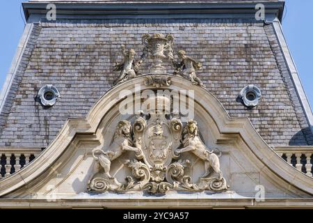 Wilde Löwen halten das Wappen der Familie Festetics auf dem Turm des Festetics Palace in Keszthely, Ungarn, Europa Stockfoto